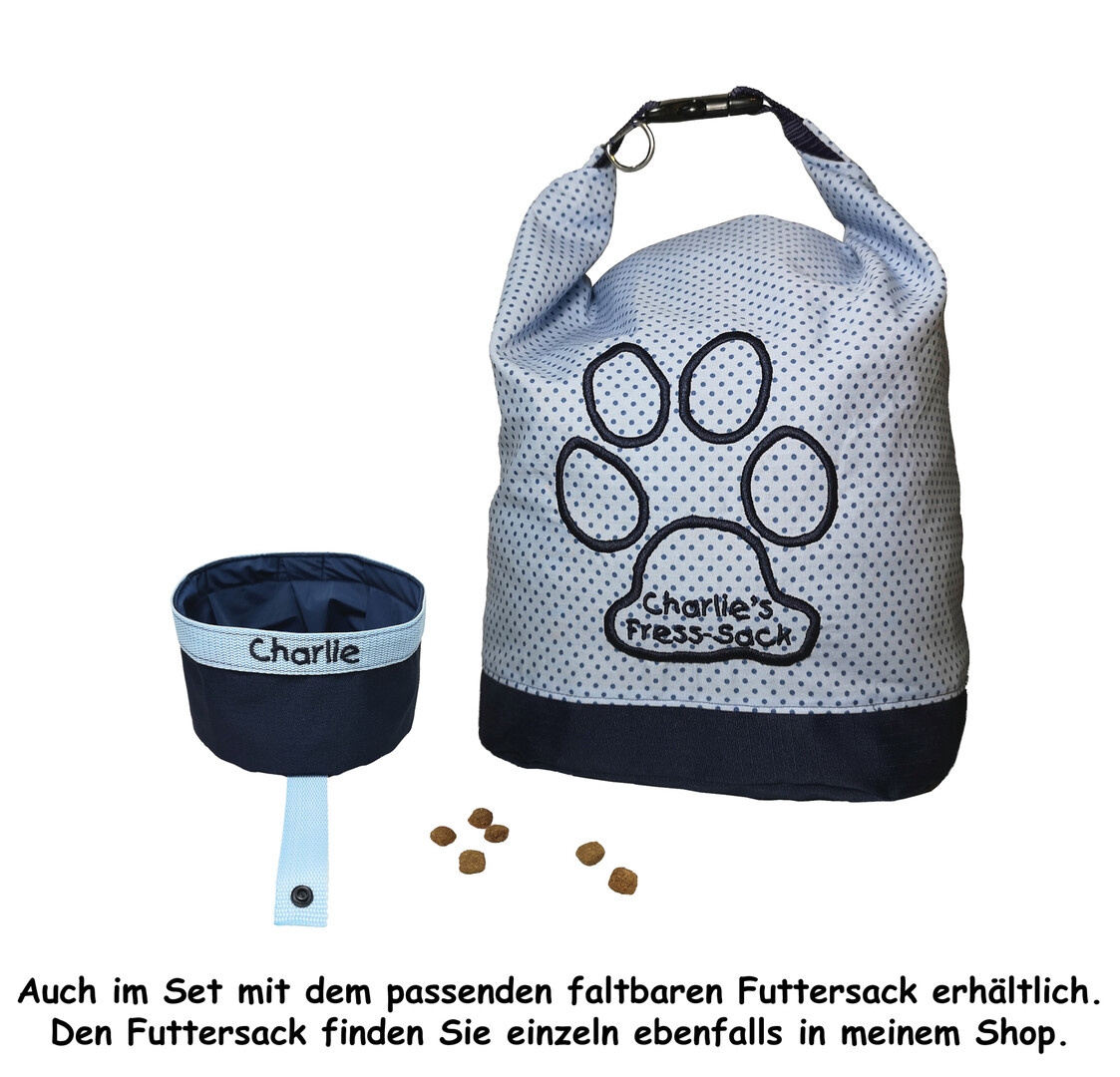 Set: Faltbarer Futtersack für Trockenfutter + faltbarer Reisenapf, hellblau/marineblau 