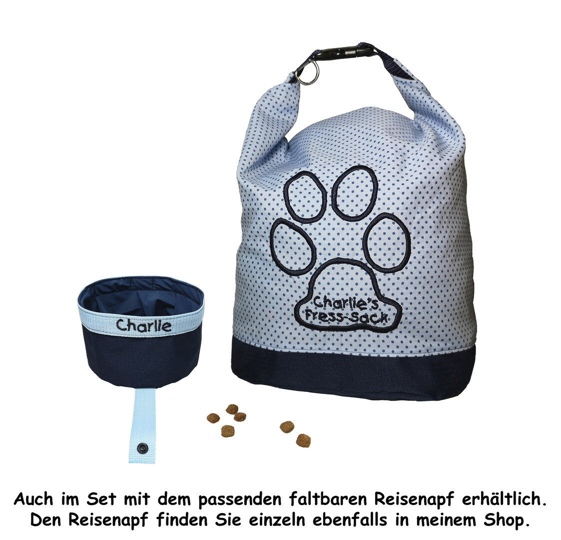 Set: Faltbarer Futtersack für Trockenfutter + faltbarer Reisenapf, hellblau/marineblau