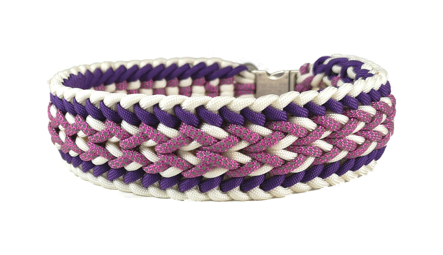 Paracord-Halsband weiß, lila, pink, reflektierend, mit Steckschnalle