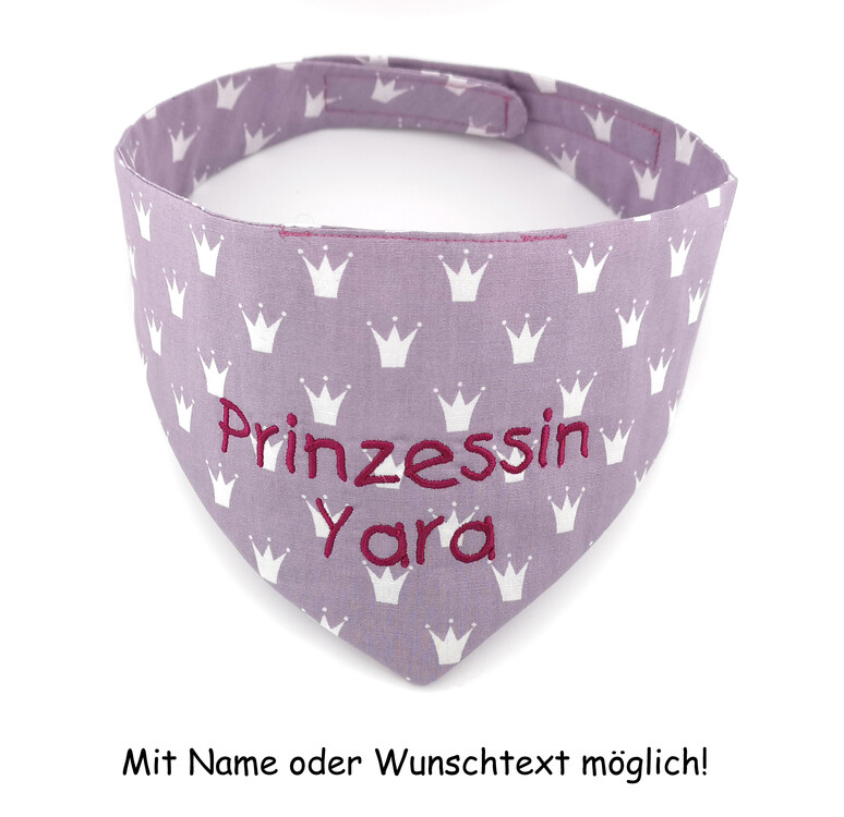 Halstuch dunkelflieder mit weißen Krönchen "Prinzessin ´Name´ "